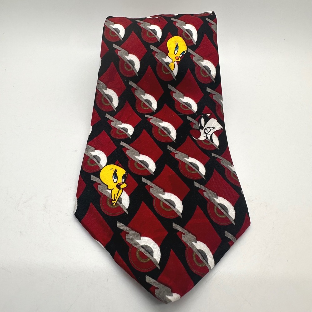 Looney Tunes Tweety‎ Sylvester Red Black Diamond Guitar Pattern Necktie 1994